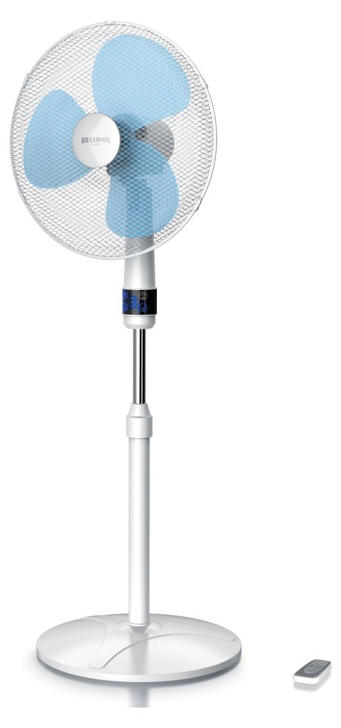 A white Brandson stand fan with blue blades is shown against a white background. A remote control is placed to the right of the fan.