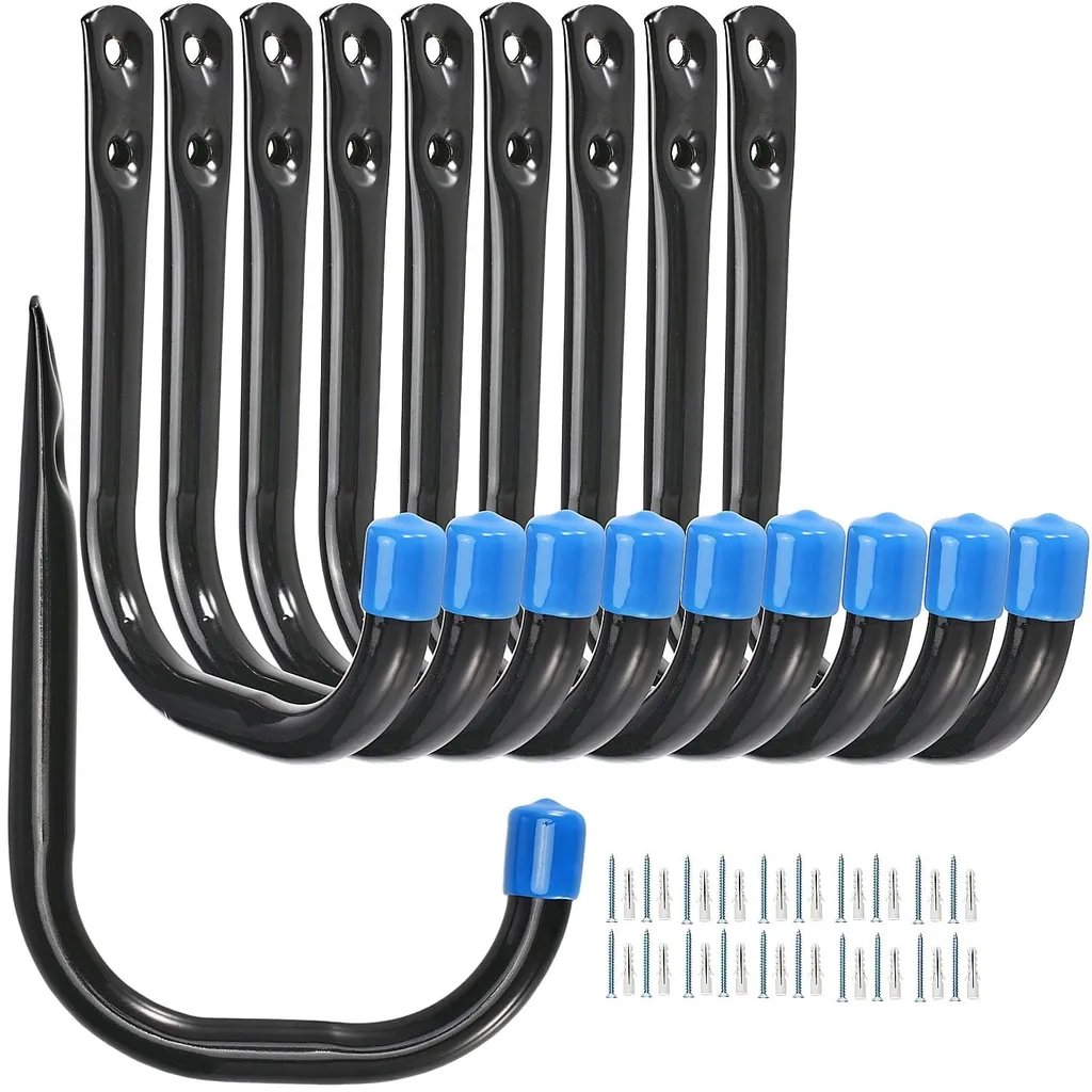 Support Mural Robuste Fixation Garage Crochets en J en Acier Noir - 10 cm