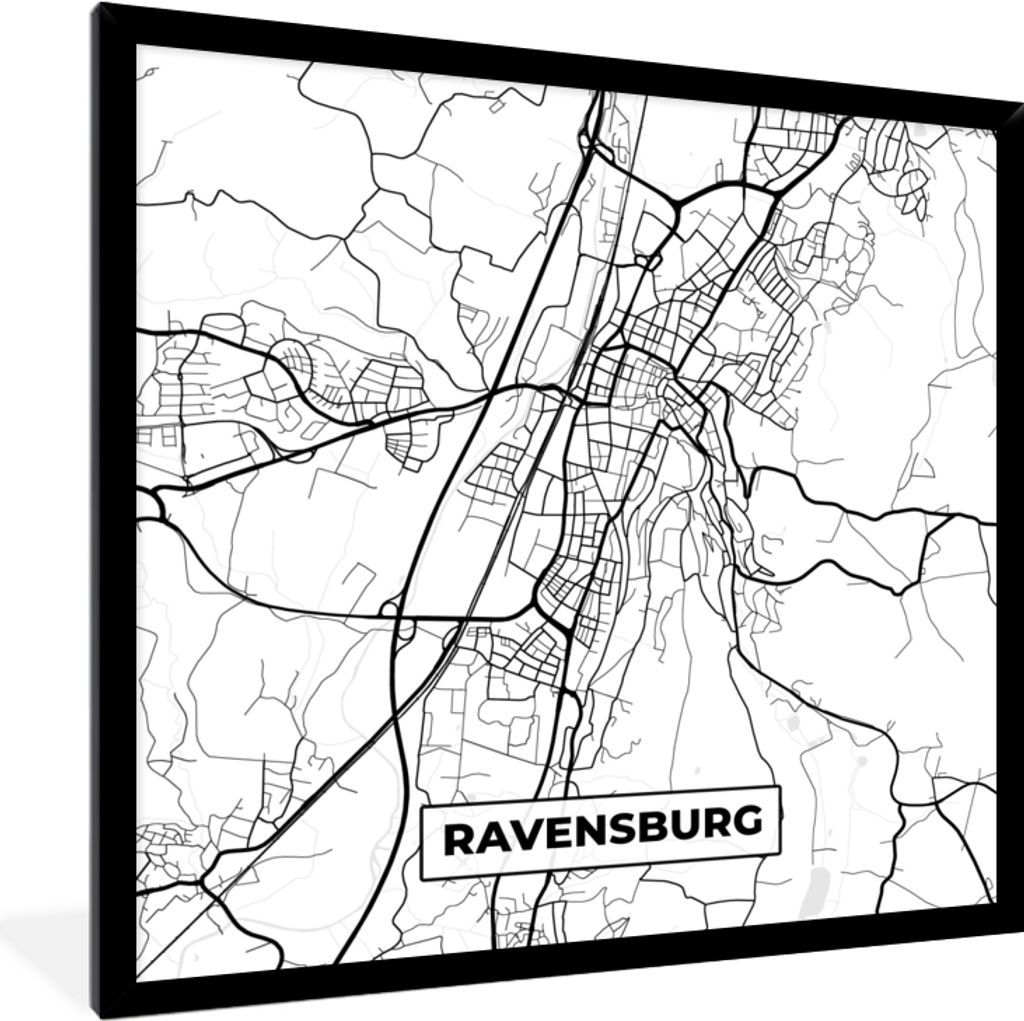 MuchoWow Gerahmtes Poster Ravensburg - Karte - Stadtplan 40x40 cm - Poster mit Schwarzem Bilderrahmen Wandposter Rahmen Foto Bilder - Mit Rahmen ...