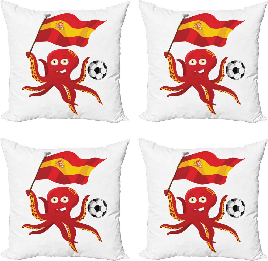 ABAKUHAUS Spanien Kissenbezug Set (4 Stück), Lustige Fußball Octopus und Flagge, Moderner Doppelseitiger Digitaldruck, 45 cm x 45 cm, Vermilion G...