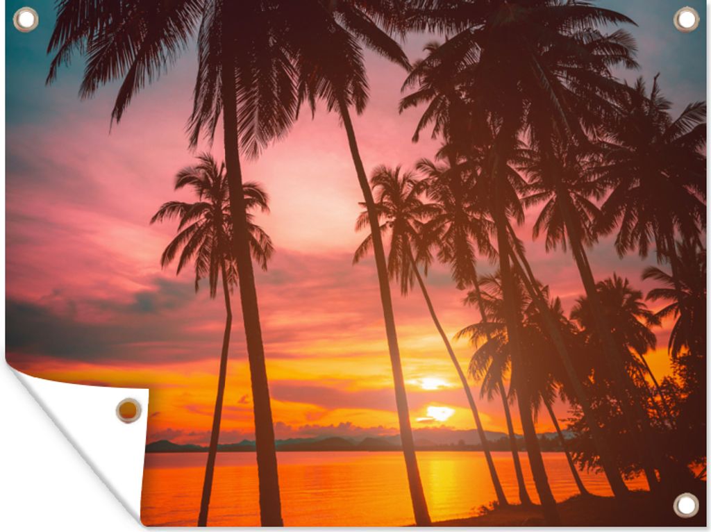 MuchoWow 80x60 cm Outdoor-Poster Gartendeko Sichtschutz Garten Poster für den Garten Meer - Palme - Sonnenuntergang - Strand - Silhouette