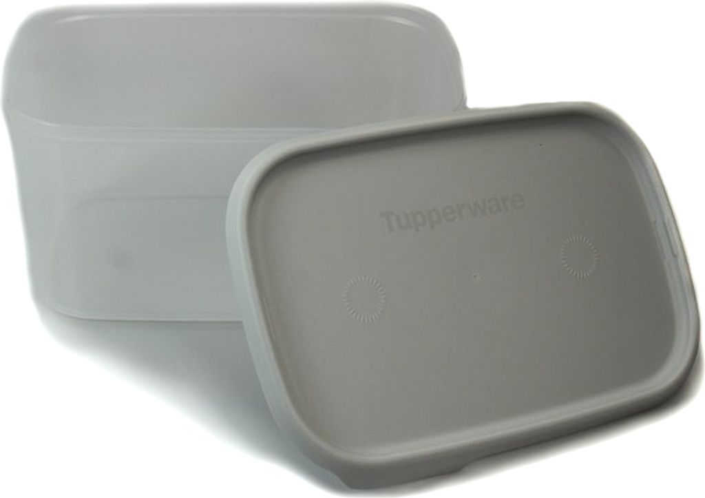 A gray Tupperware storage container with its lid slightly ajar, set against a white background.