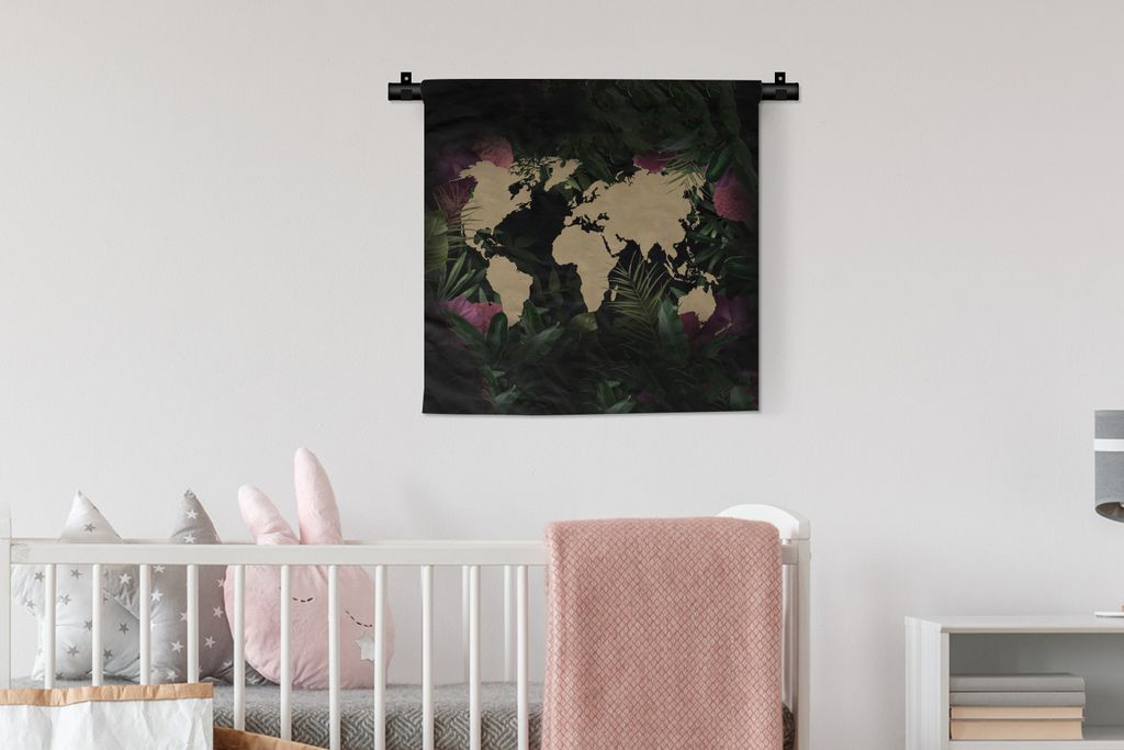 MuchoWow Wandteppich Wandbehang Weltkarte - Braun - Blumen 60x60 cm Tapisserie Dekoration Wandtuch - Dekorationen - Wand Decke