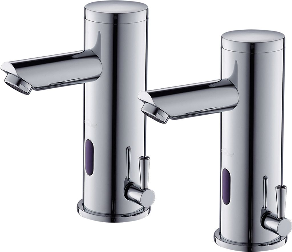 Two chrome sensor faucets are shown against a white background.