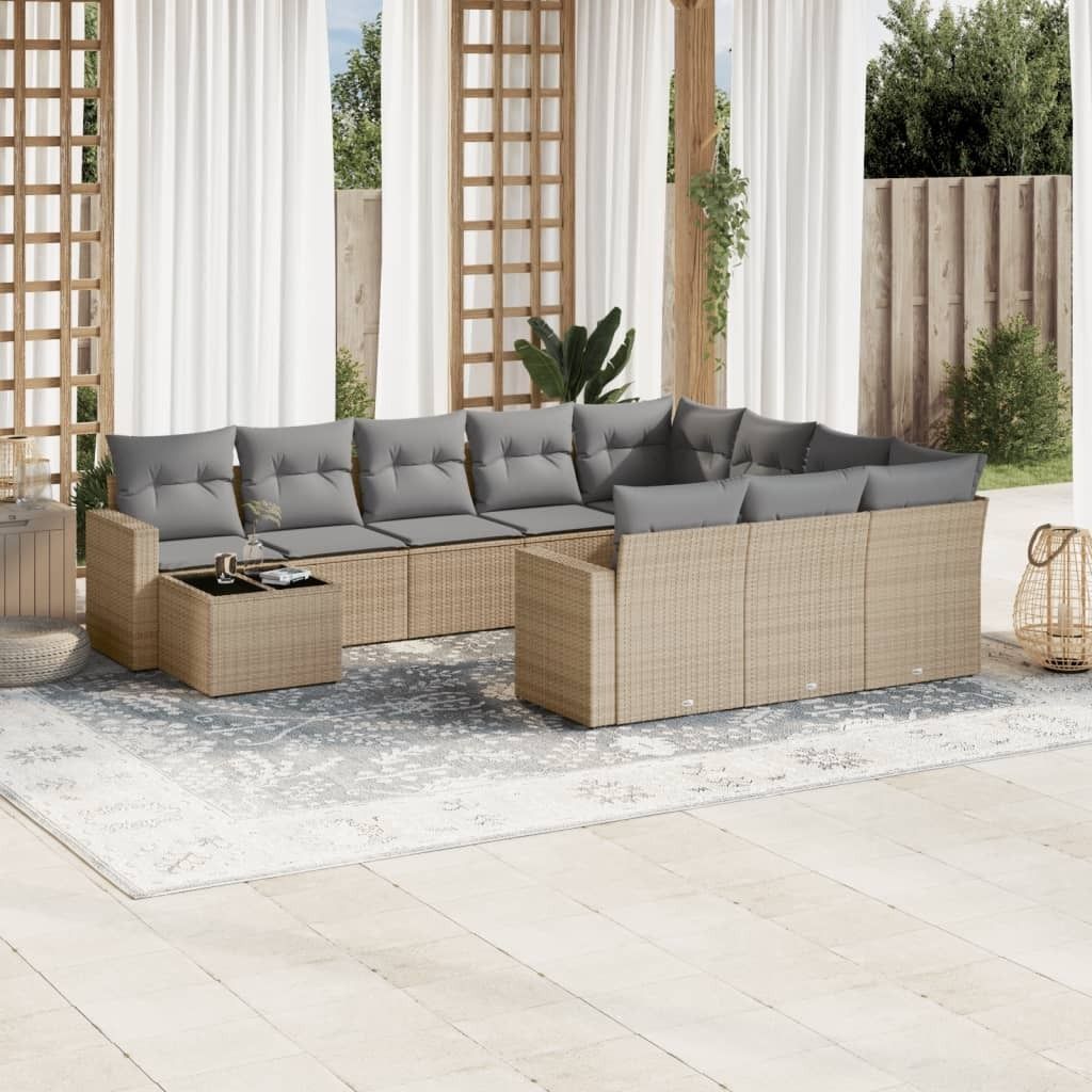 Design 11-tlg. Garten-Sofagarnitur mit Kissen Beige Poly Rattan, Gartenmöbel-Sets 2024 Neu