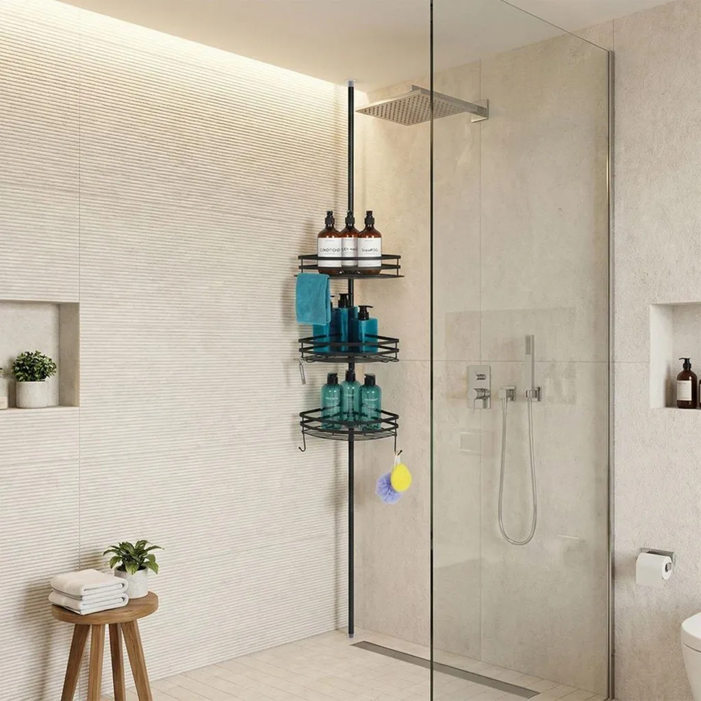 Serviteur de Douche d'Angle 3 Étages en Métal Noir Réglable Vilde