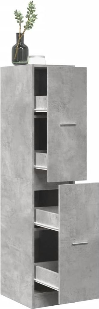 A tall, narrow cabinet with a concrete-like finish.