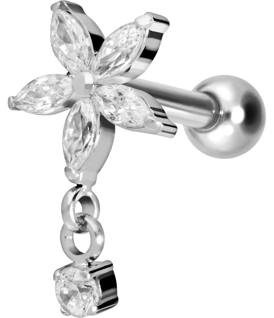 Ohrpiercing Titan Ohrpiercing mit Innengewinde KRISTALLBLUME + KRISTALL Silber Stablänge: 6mm