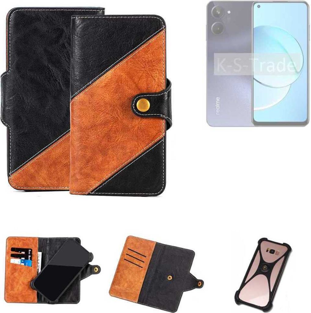 K-S-Trade Handyhülle Schutzhülle Bookstyle Case Wallet-Case kompatibel mit Realme 10 Handy Cover Bumper Klapphülle schwarz hellbraun 1x