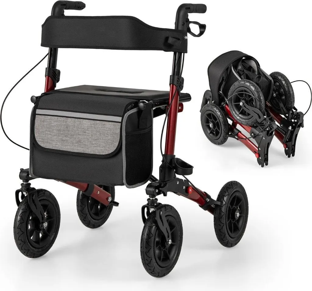 Déambulateur léger et pliable rouge avec roues gonflables confortables