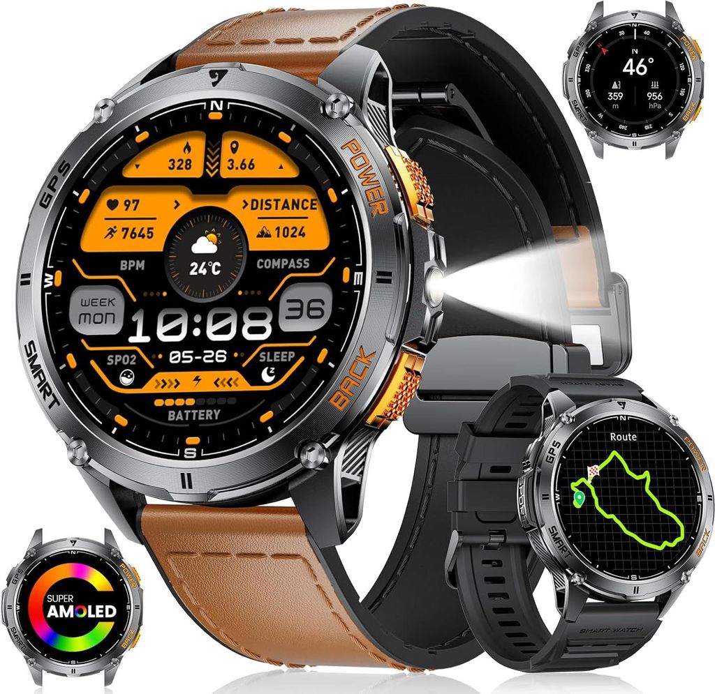 LIGE Smartwatch Herren mit GPS,530mAh Extra-großem Akku,1,43" AMOLED Display, IP68 Wasserdicht,Militärische Fitnessuhr mit Taschenlampe und Kompa...