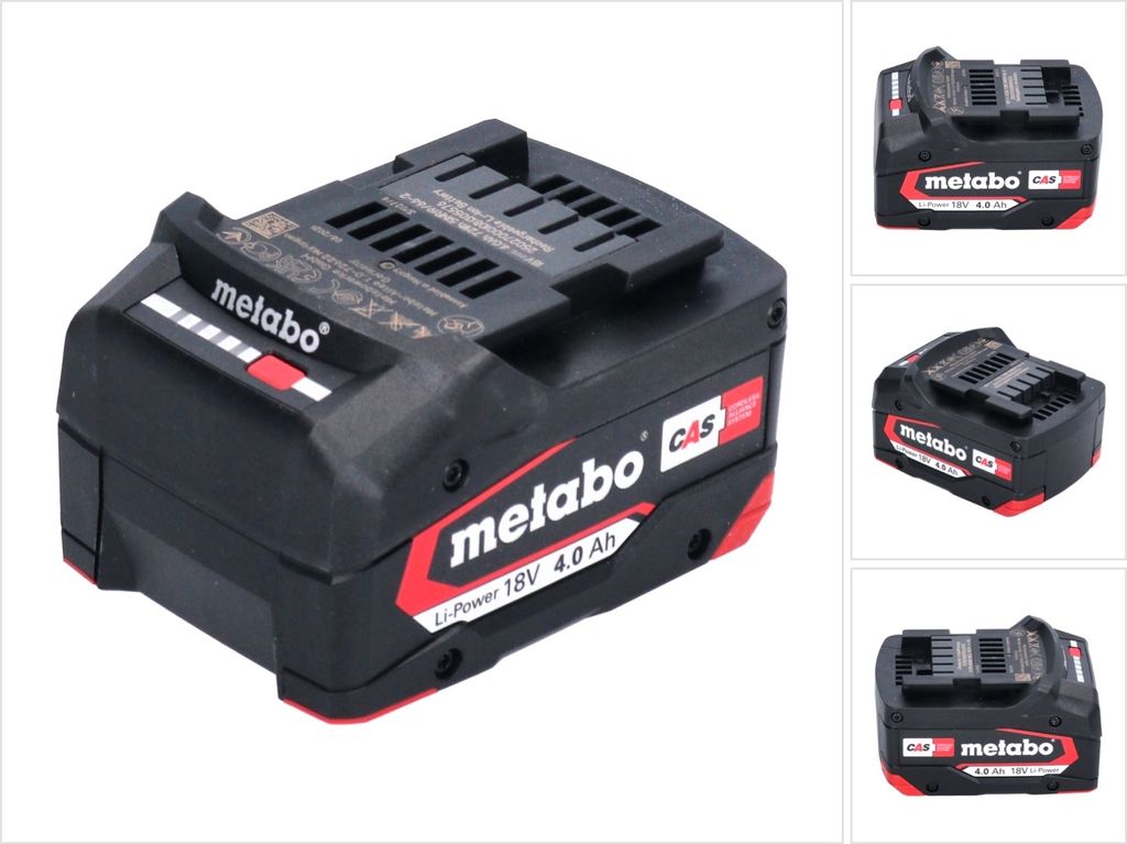A product shot of a Metabo Li-Power battery pack, with smaller inset images showing different angles.