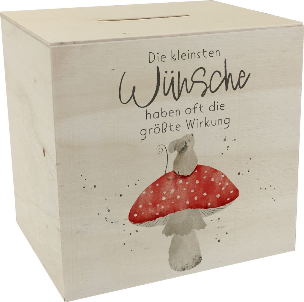 Maus auf Fliegenpilz Spardose aus Holz mit Spruch Kleinste Produktbild 