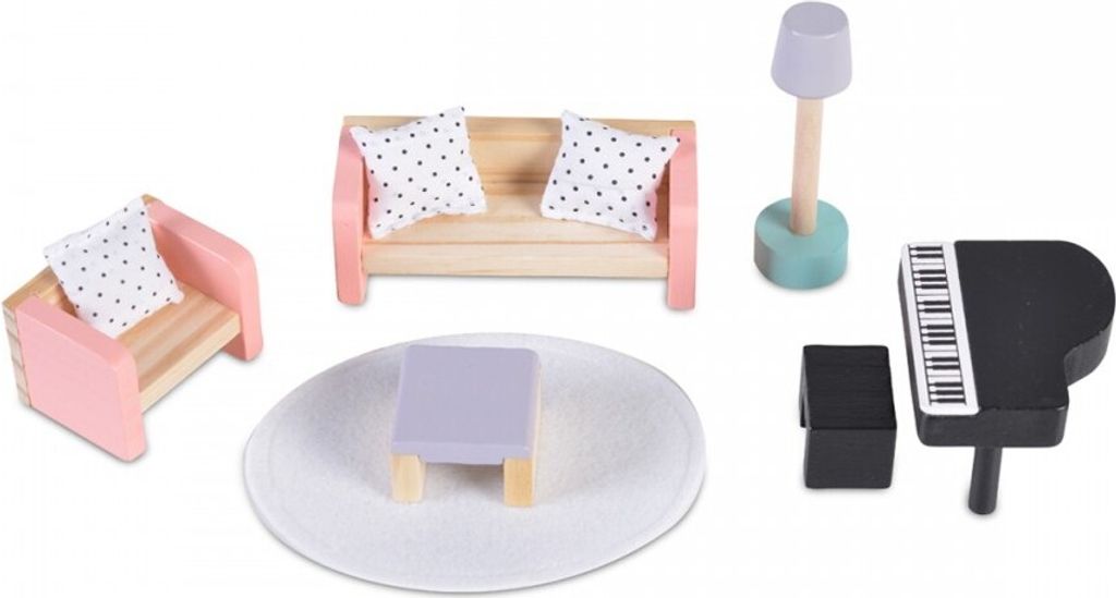 Moni Holz-Puppenmöbel Wohnzimmer 4011 Möbelset Klavier Sofa Lampe Tisch Teppich bunt