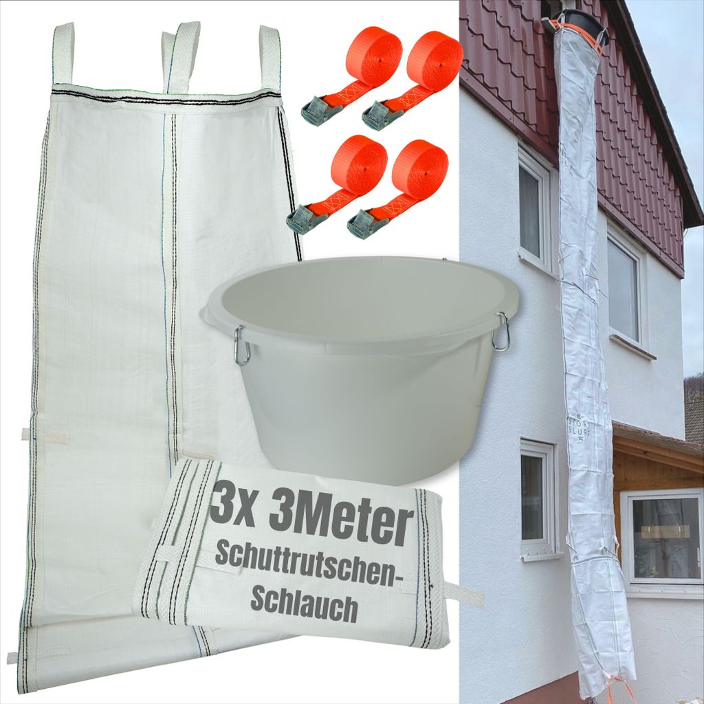 Schuttrutsche 9m | Flexible 3X 3m Schläuche, hohe Stabilität, einfache Installation | Bauschuttrutsche inkl. Einfülltrichter und 4X Spanngurt