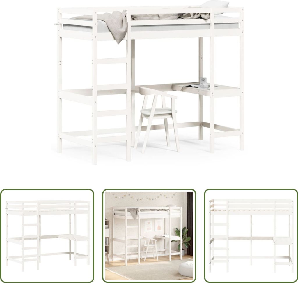 The Living Store Hochbett mit Schreibtisch Weiß 90x190 cm Massivholz Kiefer