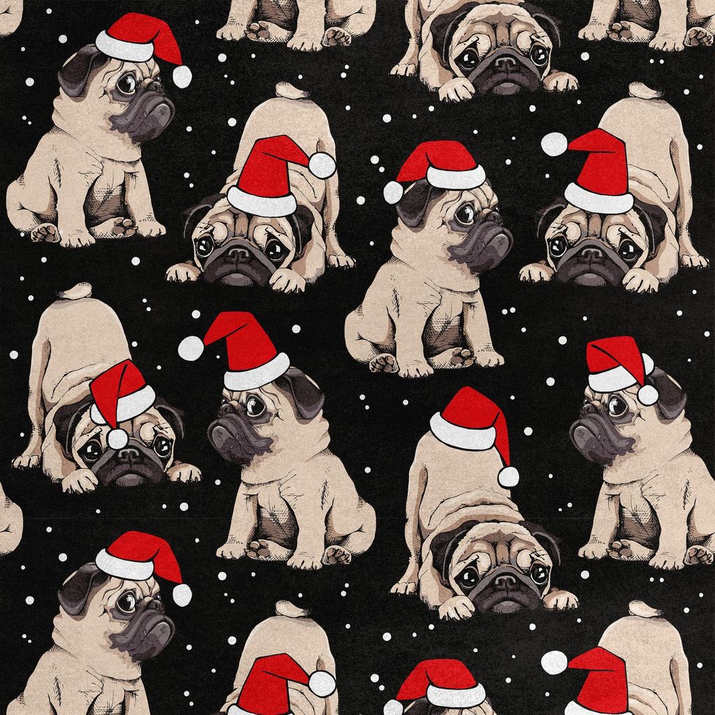 Royal Samt Stoff Polyester Zum Nähen - Motiv Möpse in Weihnachtsmütze