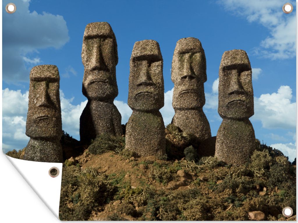 MuchoWow 120x90 cm Outdoor-Poster Gartendeko Sichtschutz Garten Poster für den Garten Vier Moai-Statuen stehen in einer Reihe auf der Osterinsel