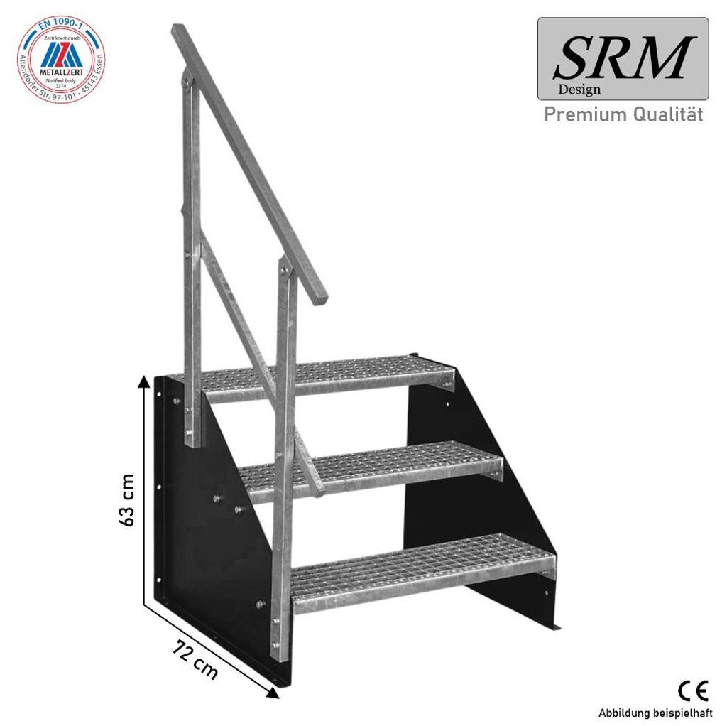 3 Stufen Standtreppe Modell 1 freistehend schwarz Treppe Stahltreppe Breite 120 cm Höhe 63 cm 1x Geländer