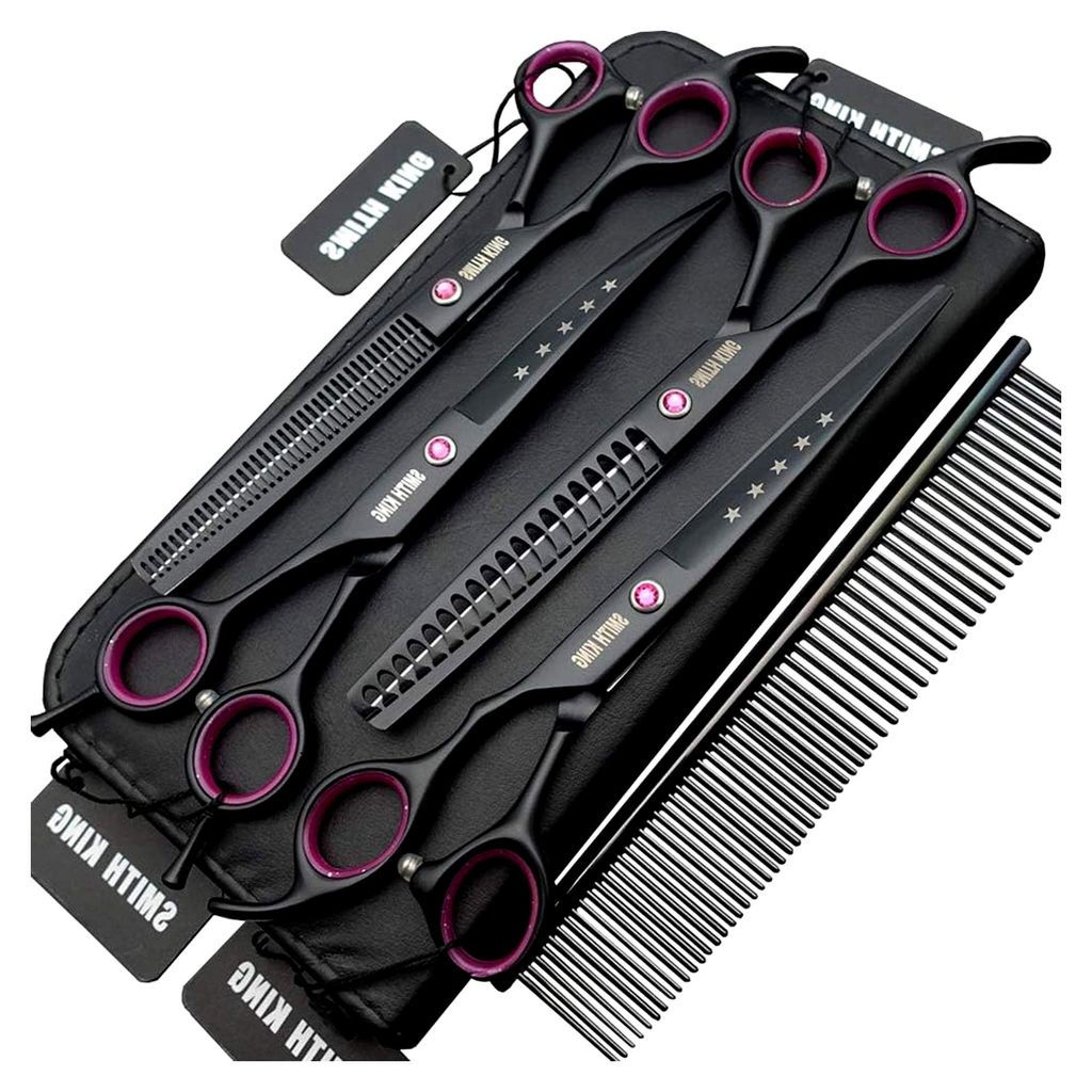 7,0 Zoll Hundepflege Scheren Set - gerade Schere, Ausdünnungsschere, gebogene Schere, Chunker und Kamm, 5-teilig