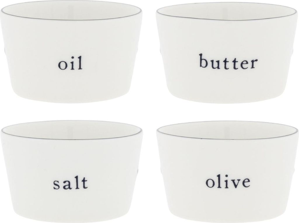 4er Set Dipschalen mit Salt Butter Oil Olive Schriftzug 8cm Bastion Collections