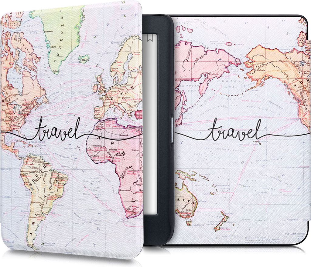 kwmobile Schutzhülle für Kobo Nia Hülle - eReader Flip Case mit Auto Sleep Funktion - Travel Schriftzug mit Schwarz Mehrfarbig