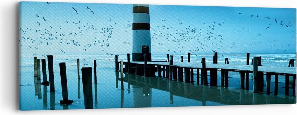 Bild auf Leinwand - Leinwandbild - Vögel see laterne wolke - 90x30cm - Wand Bild - Wanddeko - Leinwanddruck - Bilder - Kunstdruck - Wanddekoration...