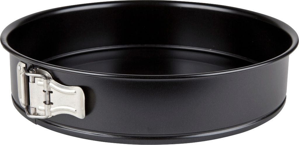 A black round springform cake pan with a silver latch is shown against a white background.