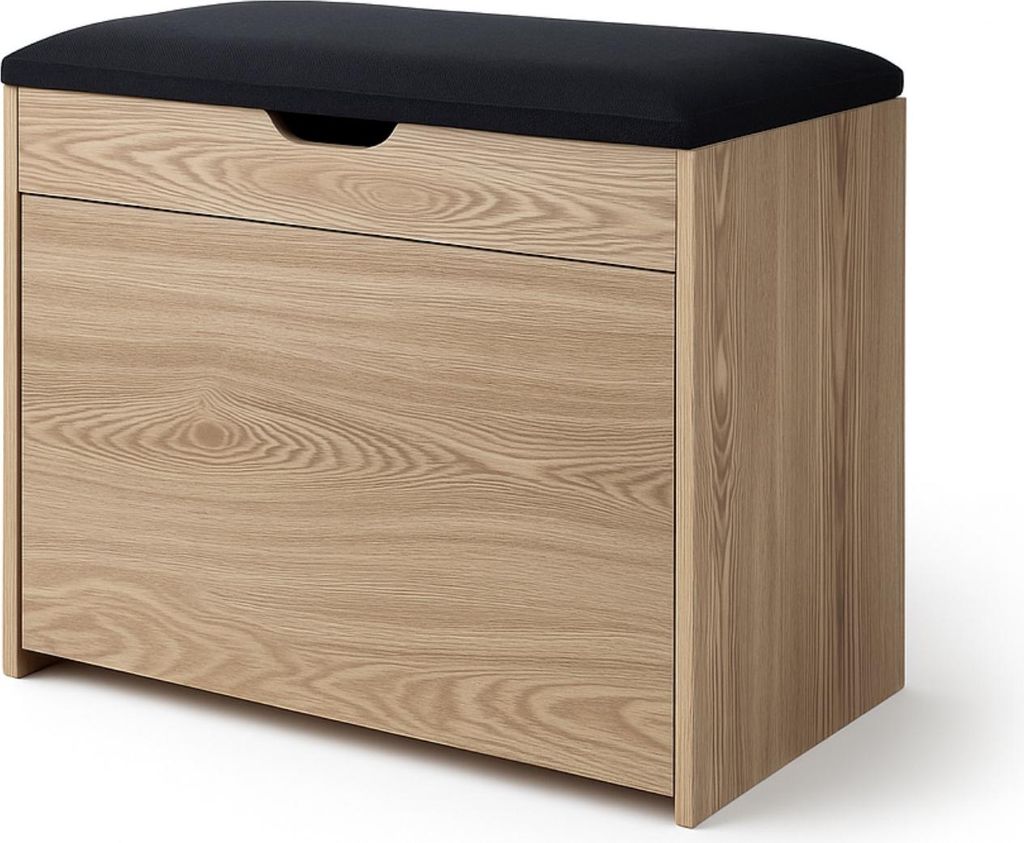 A shoe cabinet with a seat on top, shown against a white background.