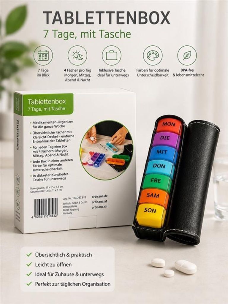 Tablettenbox 7 Tage mit Tasche – Pillendose Wochenbox Produktbild 