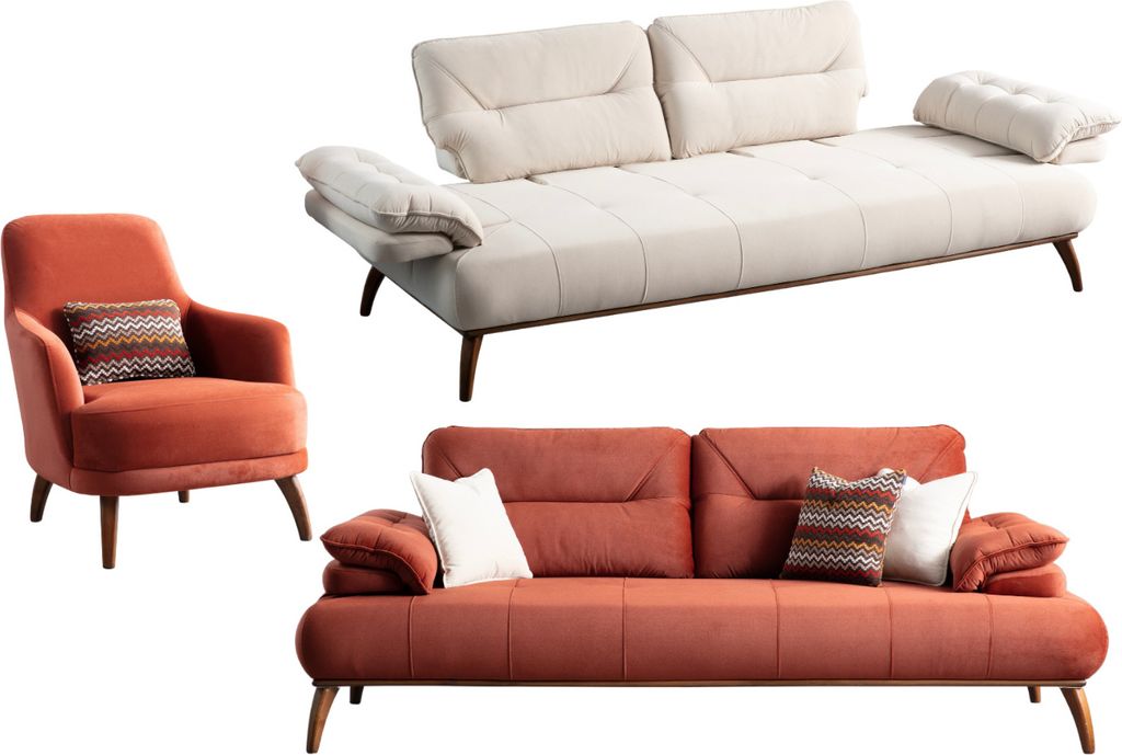 Villa Möbel Sofa Set Hazel Duo Blau-Beige Stellvariante:2+2+1 Relax- und Bettfunktion, Mikrofaser Webstoff