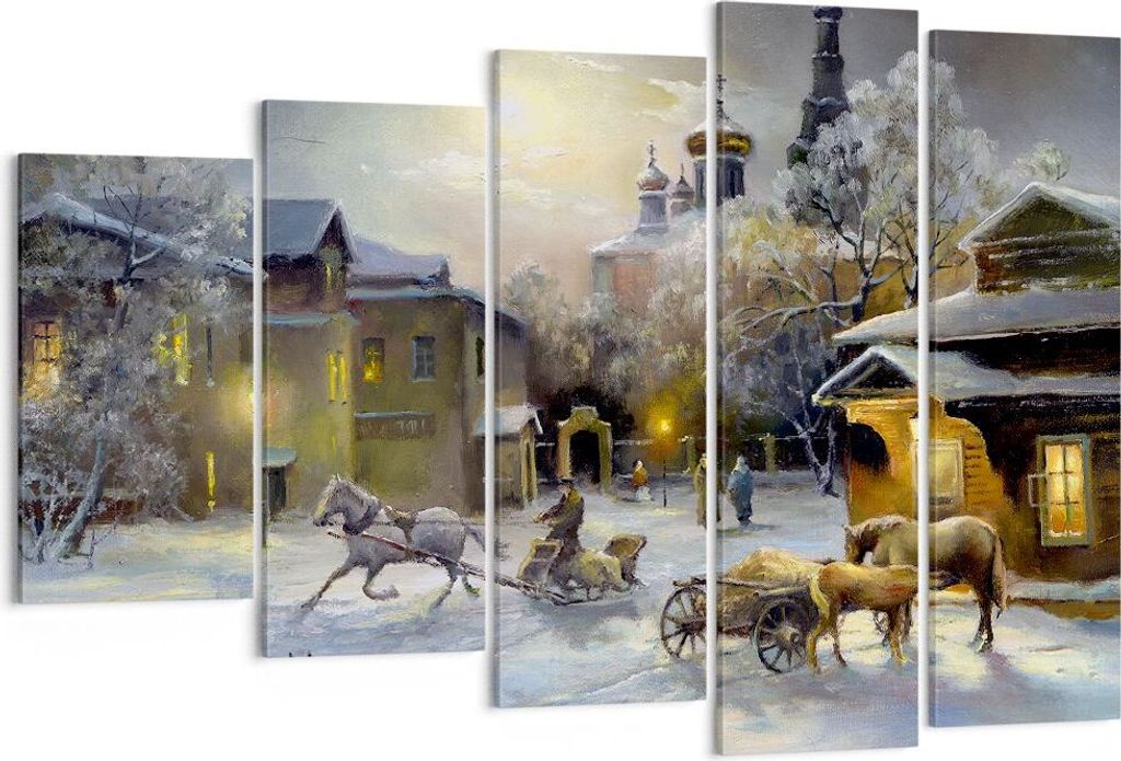 Bild auf Leinwand - Leinwandbild - Dorf Schlitten Schnee - 150x100cm - Wand Bild - Wanddeko - Leinwanddruck - Bilder - Kunstdruck - Wanddekoration ...
