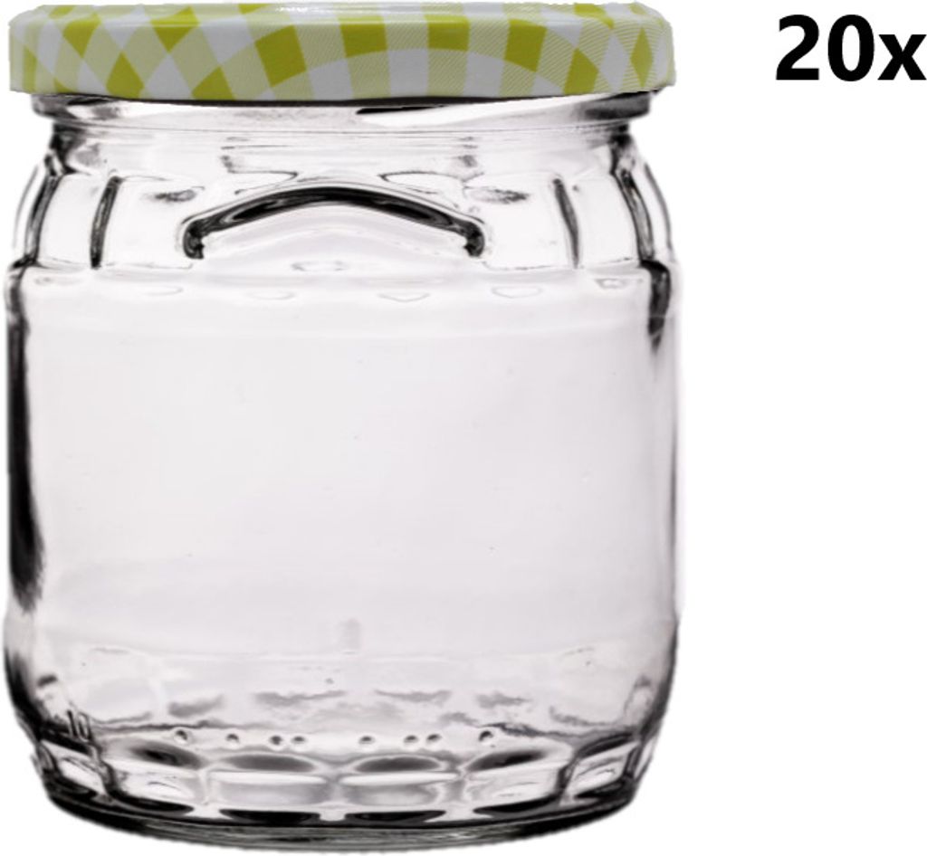 A clear glass jar with a checkered lid.