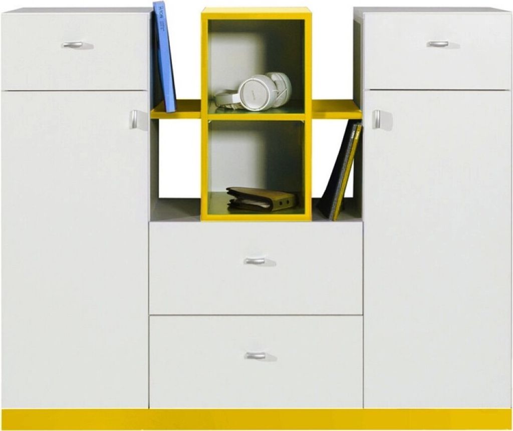 Furniture24 Kommode MOBI MO10 mit Türen und 2 Schubladen Weiß/Gelb