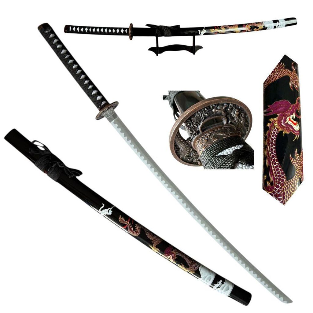 Katana decorativa in bambù, nera, con incisione del drago, Immagine del prodotto 