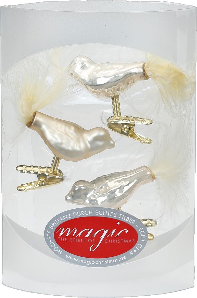 Weihnachtsschmuck Vogel mit Federn auf Clip 4.5cm, 3 Stück, Farbe:perle - champagner opal / matt