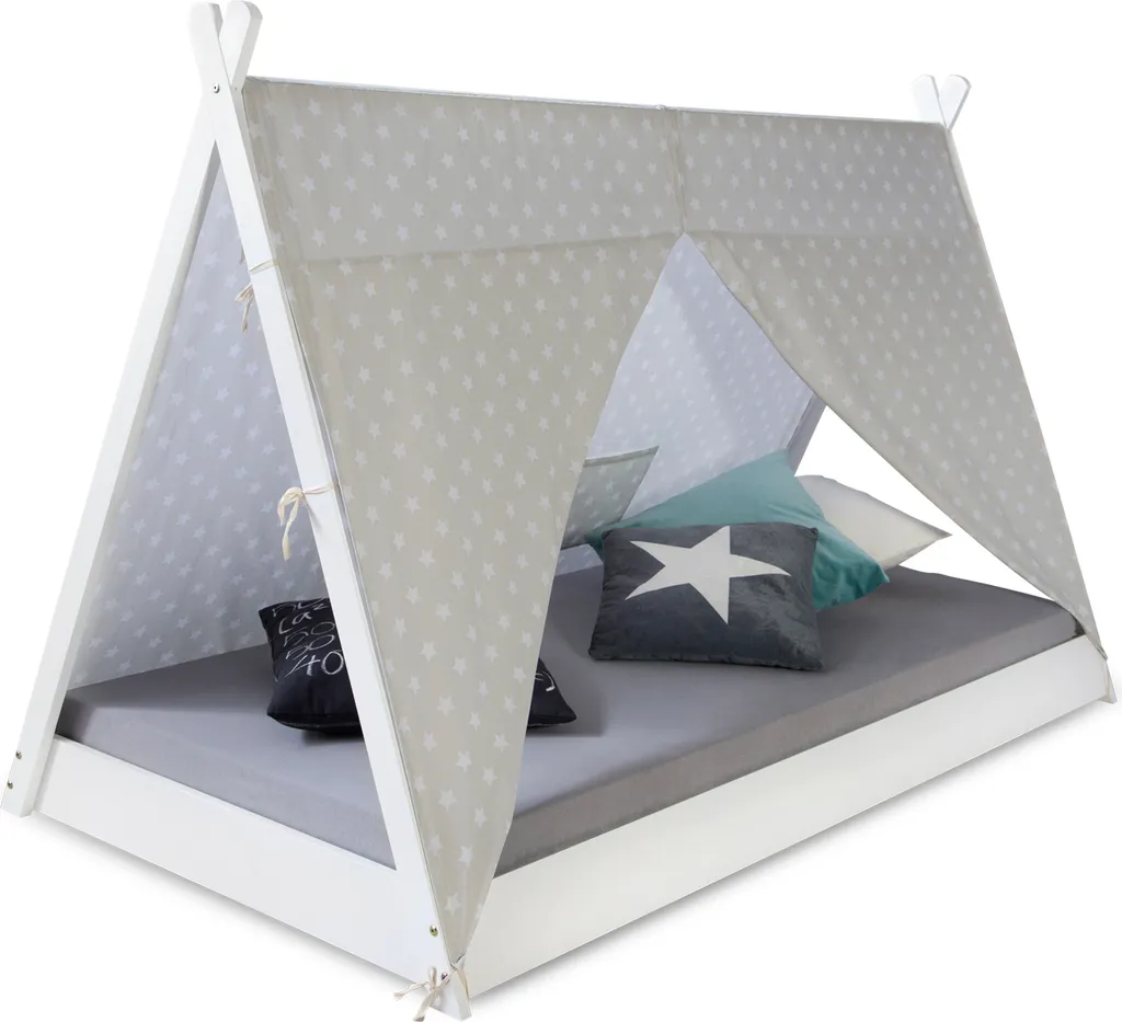 Lit bébé tipi 90x200 blanc et gris en bois massif pour chambre d'enfant