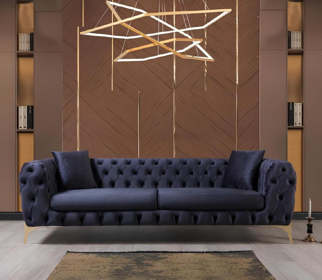 Chesterfield Dreisitzer Edelstahlfüße Luxus Sofa Blau Designermöbel Neu