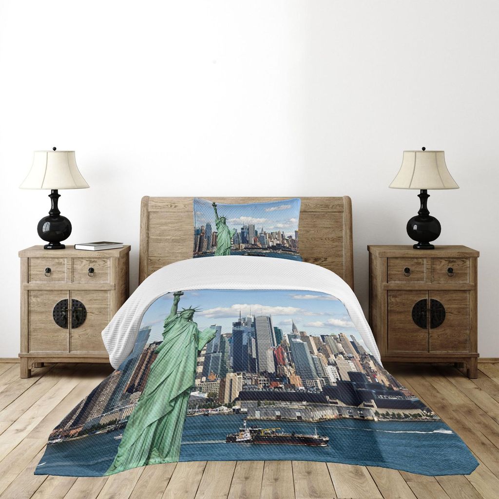 ABAKUHAUS New York Tagesdecke Set, Bild der berühmten Freiheitsstatue In New York Big Apple Hudson River, 170 x 220 cm, Mint Blau
