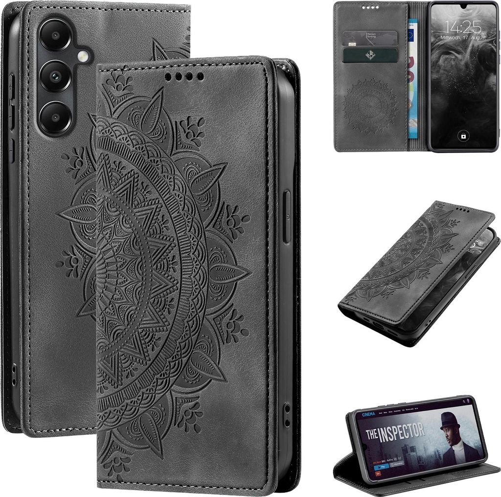 Mandala Handyhülle für Samsung Galaxy A14 / A14 5G RFID Schutz Klapphülle Case Cover Design Schutzhülle Farbe: Schwarz