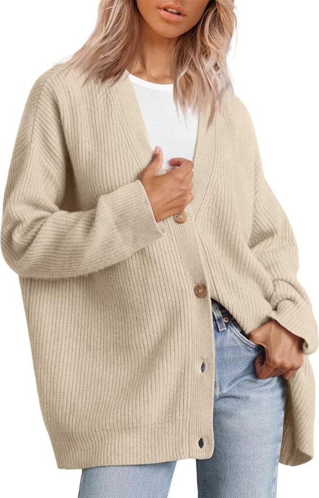 ASKSA Damen Strickjacke Strick Outwear V-Ausschnitt Vorne Offen Leicht Lockere Pullover mit Knoepfen, Aprikose, S