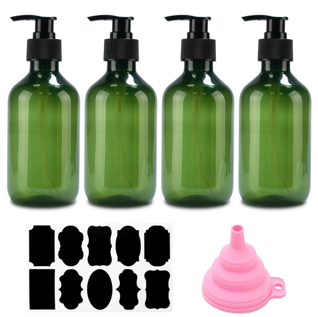 Accessoires de douche : 4 flacons vides rechargeables 300 ml vert et pompe