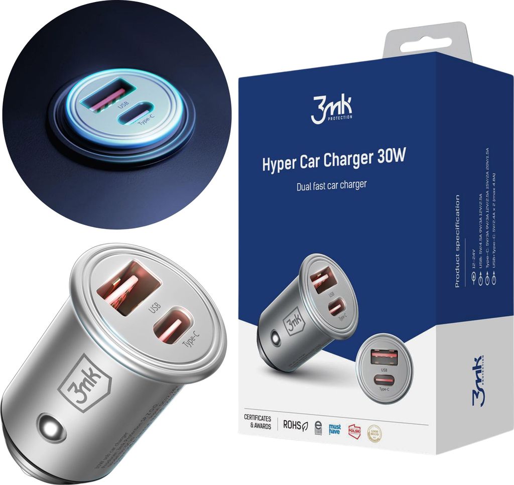 Kfz-Schnellladegerät mit 2 Anschlüssen – PD, QC, PPS – USB-C & USB-A – 3mk Hyper Car Charger 30W