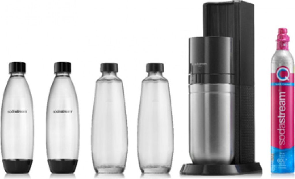 A collection of SodaStream bottles and a CO2 cylinder are displayed against a white background.
