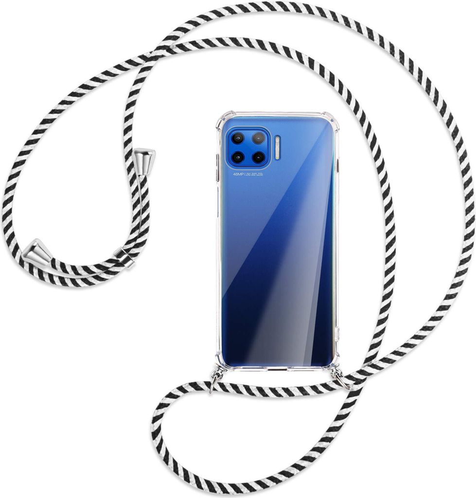 Handykette Backcover-Schutzhülle mit Band (Metall silberfarben) für Motorola Moto G 5G Plus - schwarz/weiß gestreift