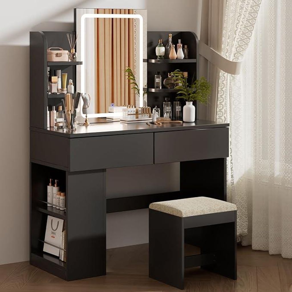 Make-uptafel met LED-verlichting, kaptafel met krukje en Productafbeelding 
