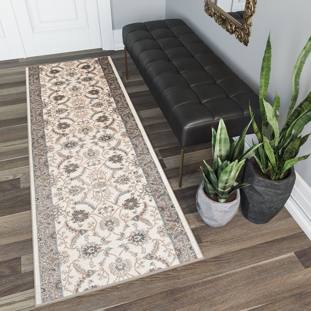 Läufer Teppich Meterware Flur Wohnzimmer Schlafzimmer Kurzflor Creme Weiß Klassisch Design Meliert 100 x 220