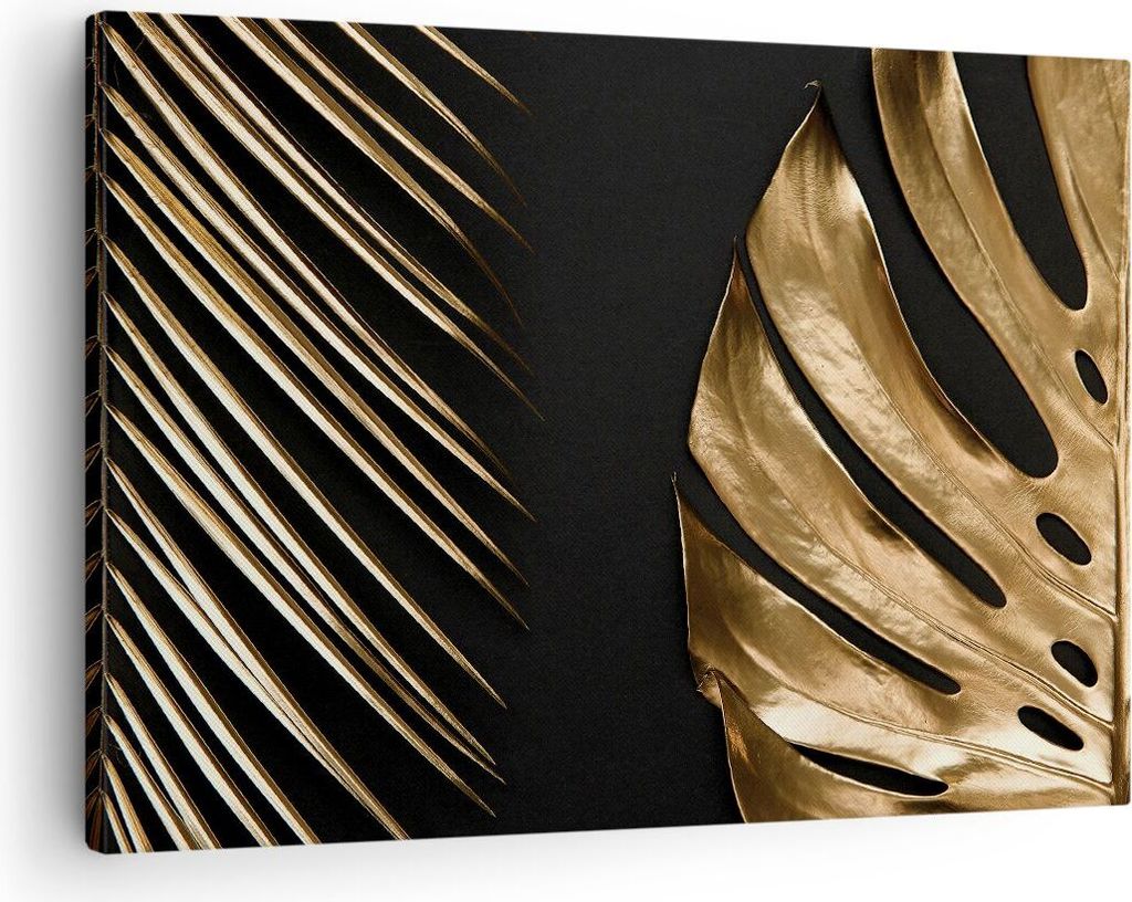 Bild auf Leinwand - Leinwandbild - Einteilig - Golden Blatt Monstera - 70x50cm - Wand Bild - Wanddeko - Wandbilder - Leinwanddruck - Bilder - Wandd...