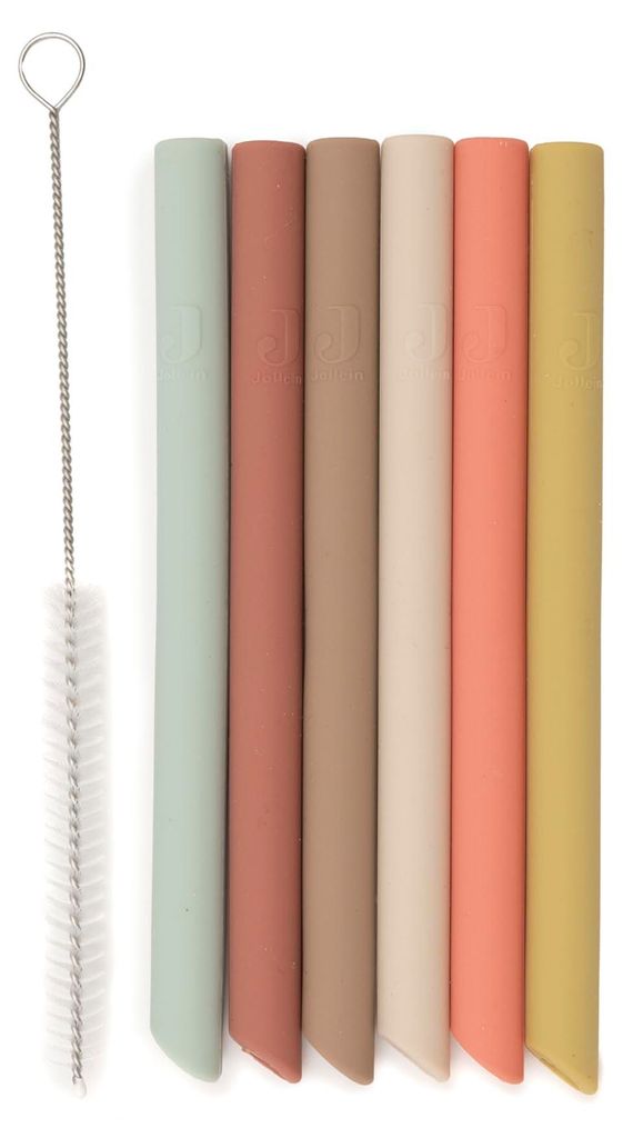 Jollein Silikon Strohhalme – Mixed Shades – 6 Stück – Wiederverwendbare Trinkhalme aus 100% Silikon – Mit Reinigungsbürste – Weich, Sic...