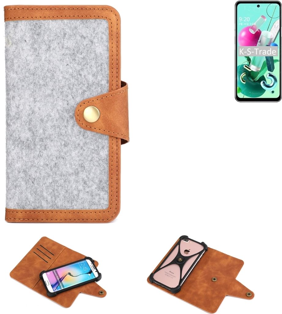 K-S-Trade Handyhülle kompatibel mit LG Electronics Q92 Schutzhülle Filz-Hülle Kunst-Leder hellgrau braun (1x)